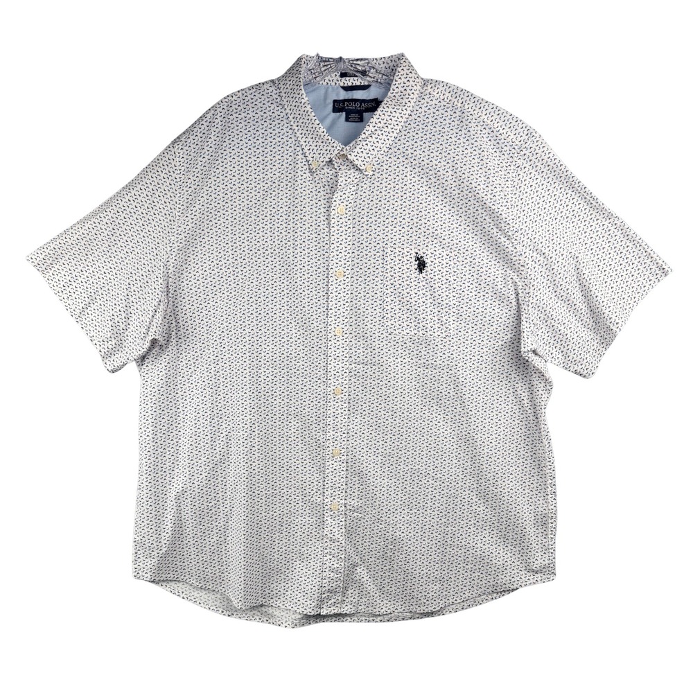 US Polo Assn Mens 3XL White Blue Red Geometric Stretch Short Sleeve Button Down
